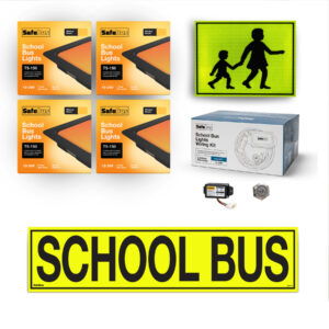 Image of the contents of the SBKIT1 Victorian school bus light interior mount kit for Toyota HiAce Commuter buses, including SB7718 school bus signage, SB001B front window mount amber school bus lights, SB001Brear window mount school bus lights, LCM100flasher unit, switch and wiring loom