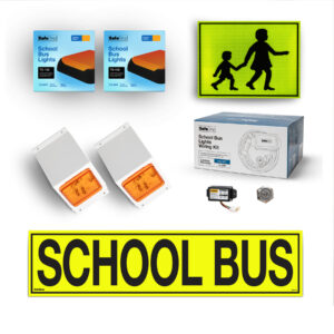 Image of the contents of the Victorian school bus light exterior mount kit for Mitsubishi Rosa buses, including SB7718 school bus signage, SB006 front amber school bus lights in a white mount, SB001A rear window mount school bus lights, LCM100 flasher unit, switch and wiring loom