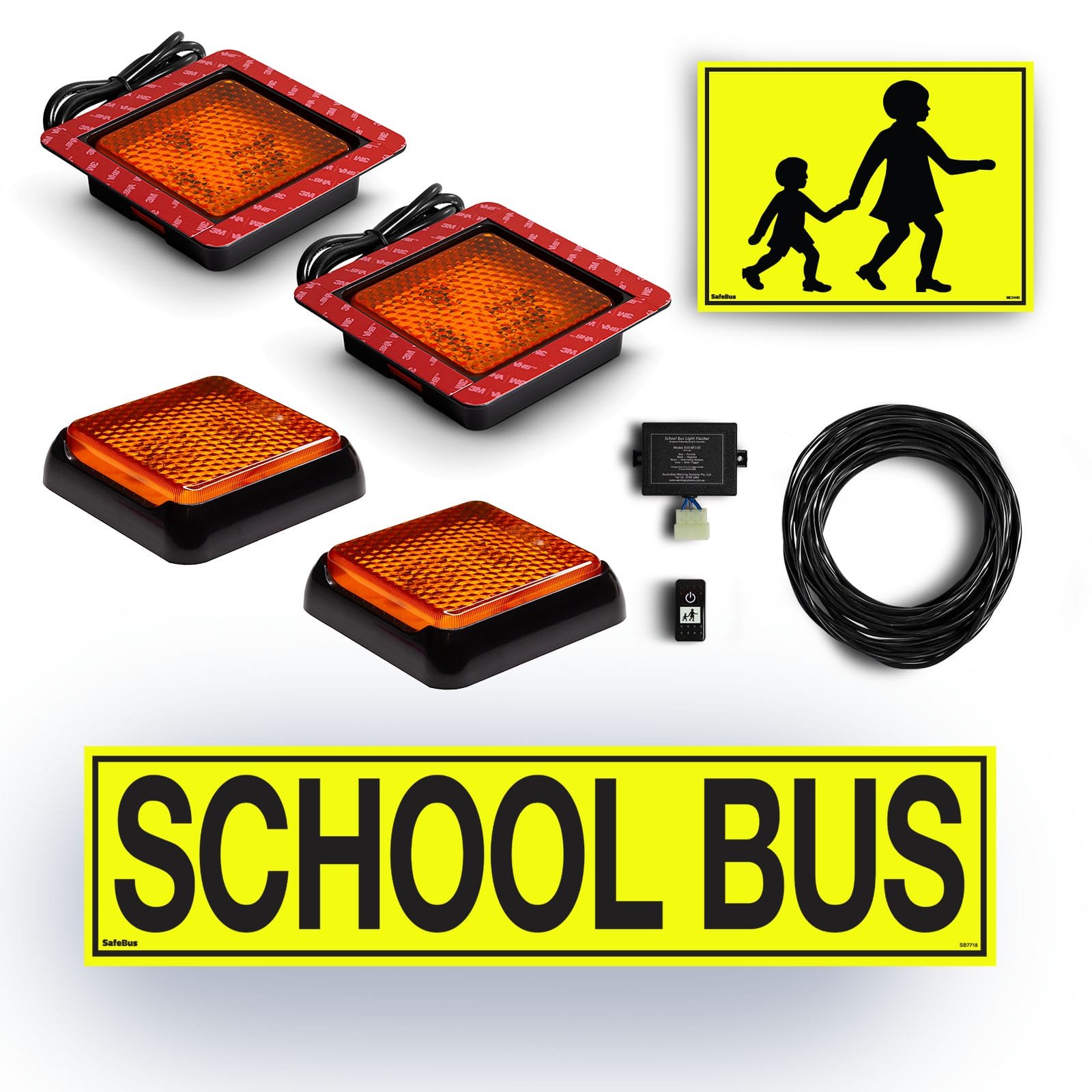 Image of the contents of the Victorian & Queensland school bus light exterior mount kit for Toyota HiAce Commuter buses, including school bus signage, front amber school bus lights in a white mount, rear surface mount school bus lights, flasher unit, switch and wiring loom