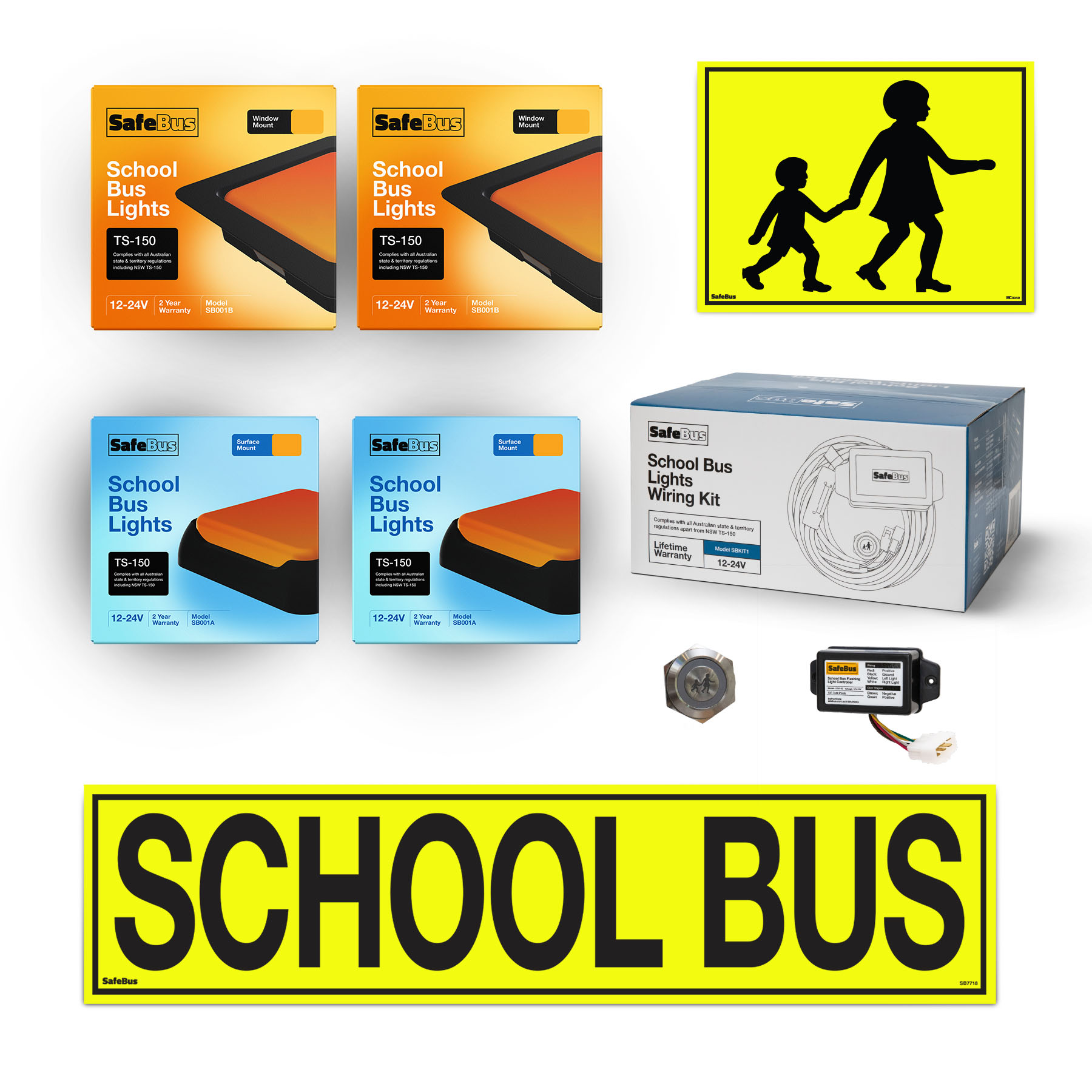 Image of the contents of the Victorian & Queensland school bus light SBKIT exterior mount kit for Toyota HiAce Commuter buses, including school bus signage, SB001B front amber school bus lights, SB001A rear surface mount school bus lights, LCM100 flasher unit, switch and wiring loom