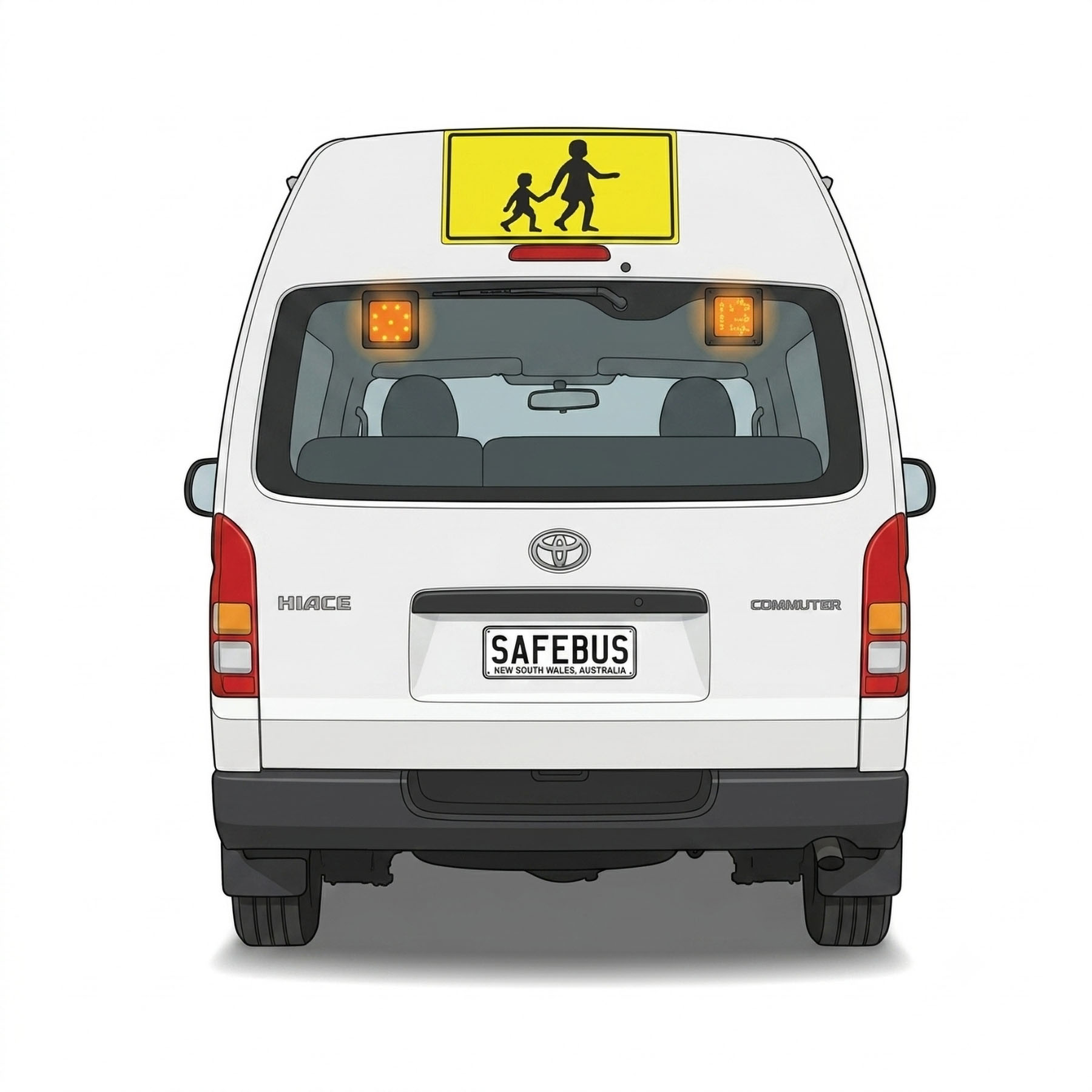 Image of the back of a 2016 5th generation Toyota HiAce Commuter bus with Safebus SB001B interior mount Victorian school bus lights and signage installed