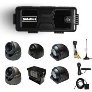 8-camera CCTV kit for Mitsubishi Rosa, Toyota Coaster, Yutong, King Long buses. Includes front, door, passenger, 2x side and reversing cameras, 4G, Wi-Fi, GPS, 256 SD card, CEIBA software & IOS & Android apps