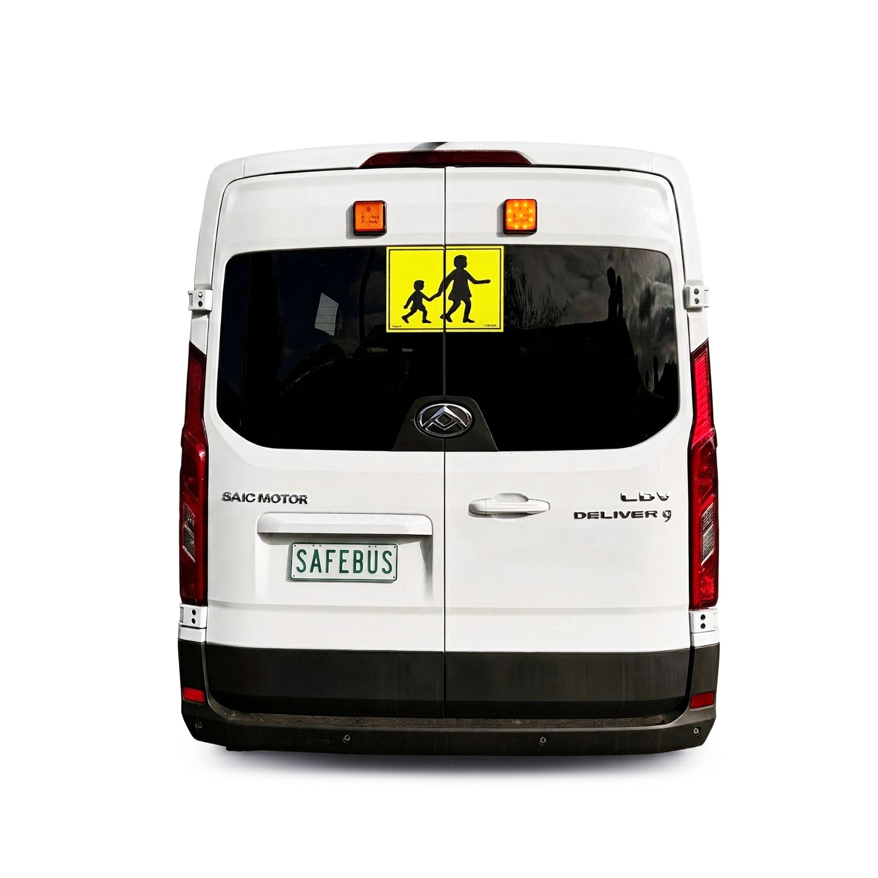 Photo of the rear of a 2026 LDV bus with Safebus SB001A surface mount school bus lights and mother & child sign