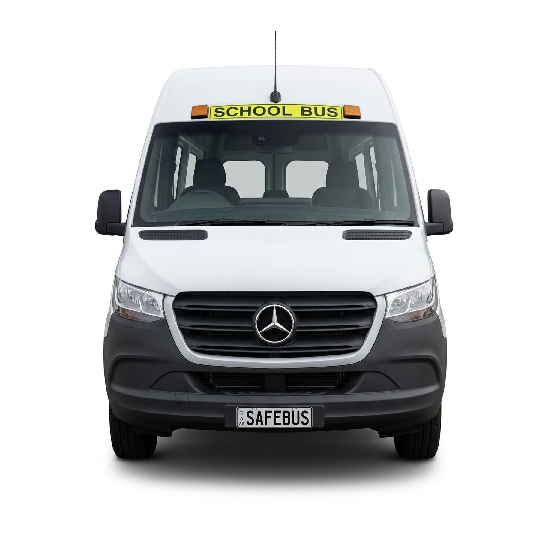 Image of the front of a 2026 Mercedes Sprinter bus with Safebus SB001B surface mount school bus lights and SB9015 signage installed