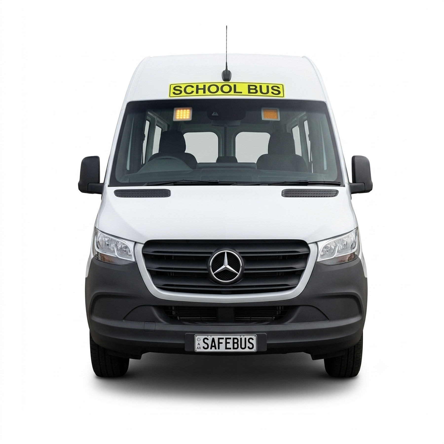 Image of the front of a 2026 Mercedes Sprinter bus with Safebus SB001B window mount school bus lights and signage installed
