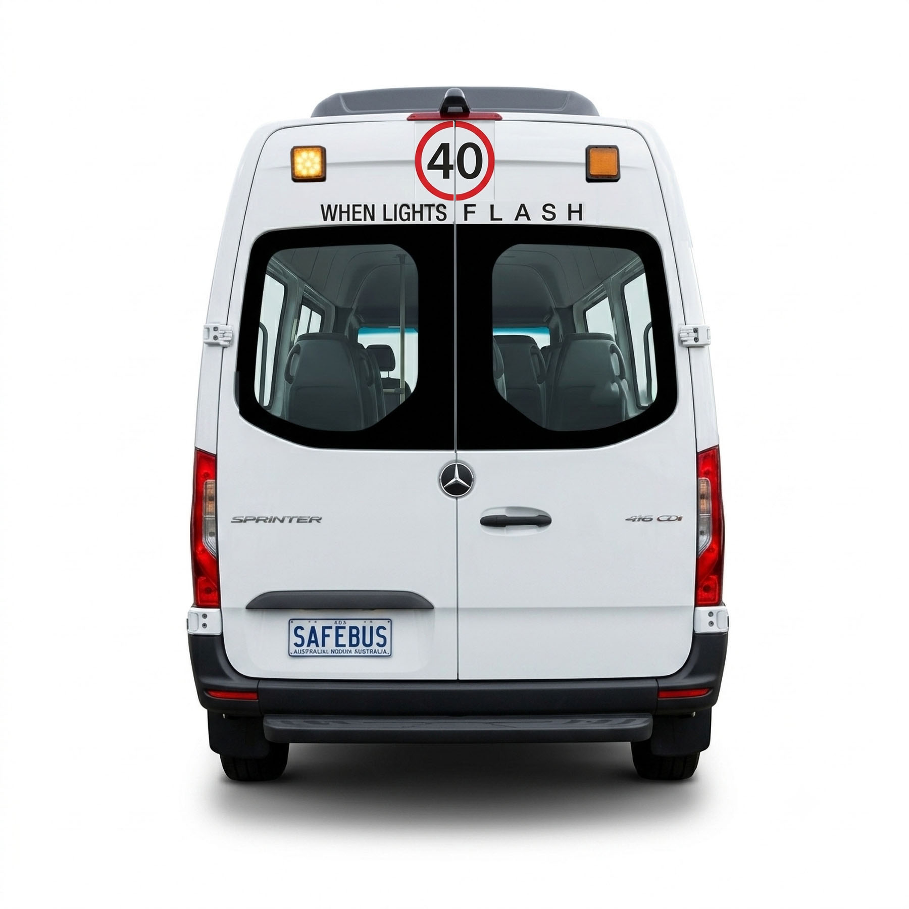 Image of the rear of a 2026 Mercedes Sprinter bus with Safebus SB001A surface mount school bus lights and signage installed
