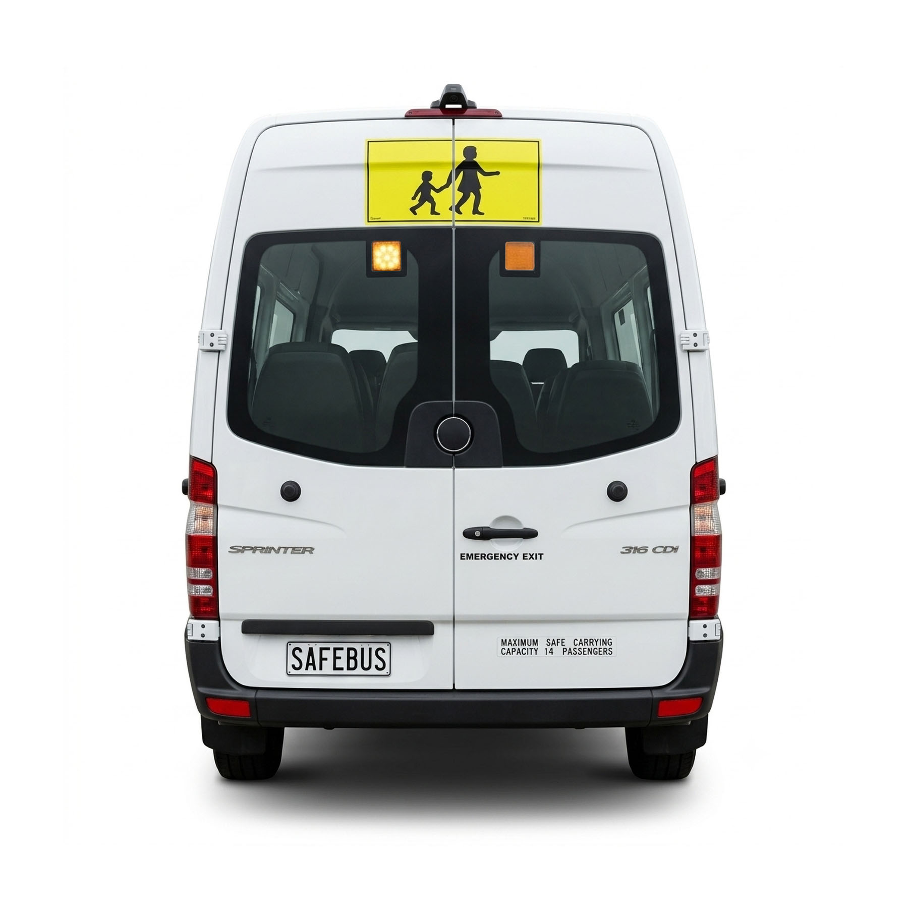Image of the rear of a 2026 Mercedes Sprinter bus with Safebus SB001B window mount school bus lights and MC3060 signage installed