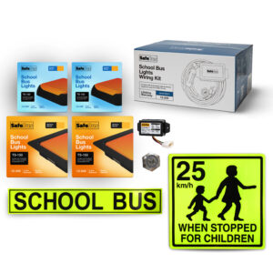 Image of the contents of the South Australian School Bus Light Kit internal & external mount for school buses, including school bus signage, 25km when stopped for children, front surface mount amber school bus lights, rear surface mount school bus lights, flasher unit, switch and wiring loom.