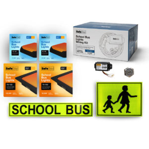 Image of the contents of the Victoria, Western Australia, Queensland, ACT, NT school bus light exterior mount kit for Toyota HiAce Commuter buses, including school bus signage, front amber school bus lights in a window mount, rear surface mount school bus lights, flasher unit, switch and wiring loom