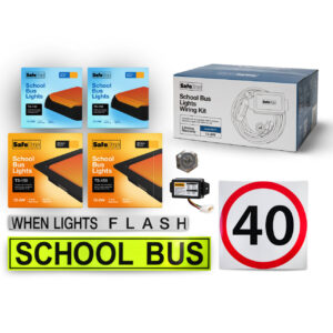 Image of the contents of the Tasmanian School Bus Light Kit external mount for school buses, including school bus signage, 40kmh, when lights flash, front surface mount amber school bus lights, rear surface mount school bus lights, flasher unit, switch and wiring loom.