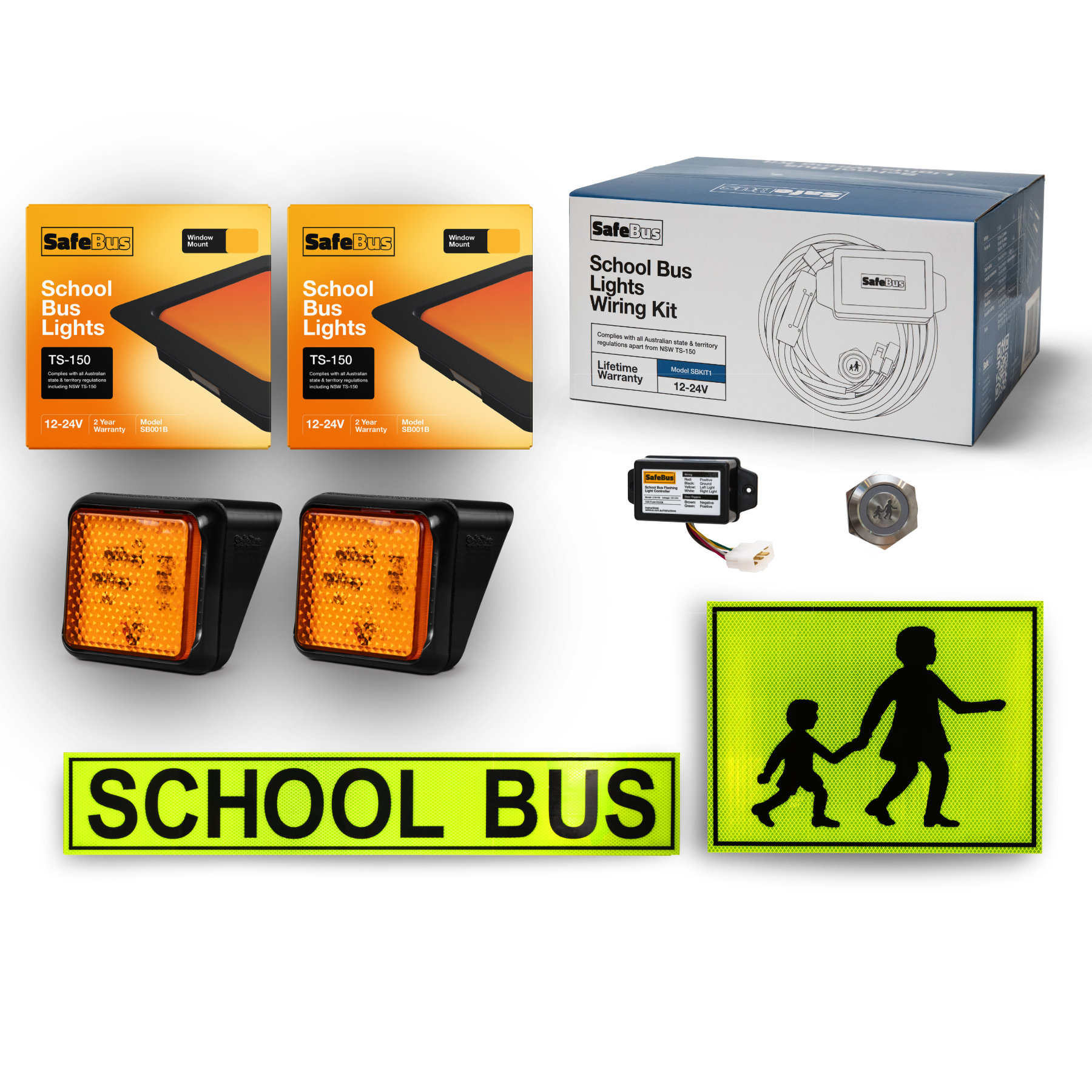 Image of the contents of the Victoria, Western Australia, Queensland, ACT, NT school bus light exterior mount kit for Toyota Coaster buses, including school bus signage, front amber school bus lights in a roof mount, rear window mount school bus lights, flasher unit, switch and wiring loom