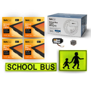 Image of the contents of the Victoria, Western Australia, Queensland, ACT, NT school bus light exterior mount kit for Toyota Coaster buses, including school bus signage, front amber school bus lights in a window mount, rear window mount school bus lights, flasher unit, switch and wiring loom