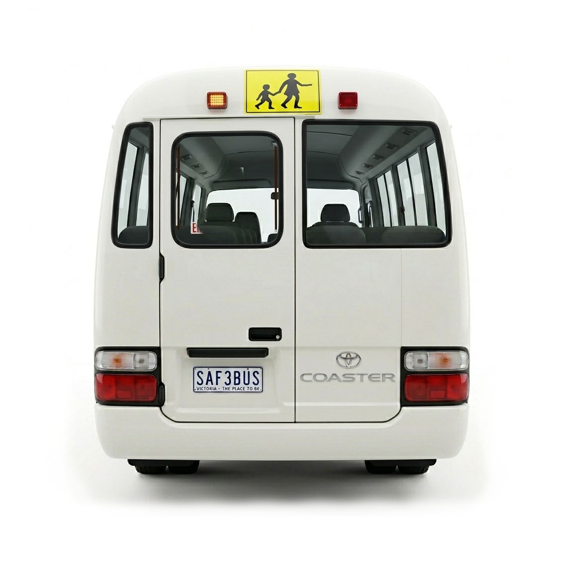 Photo of the rear of a 2015 3rd generation Toyota Coaster bus with Safebus SB001A surface mount school bus lights and signage installed