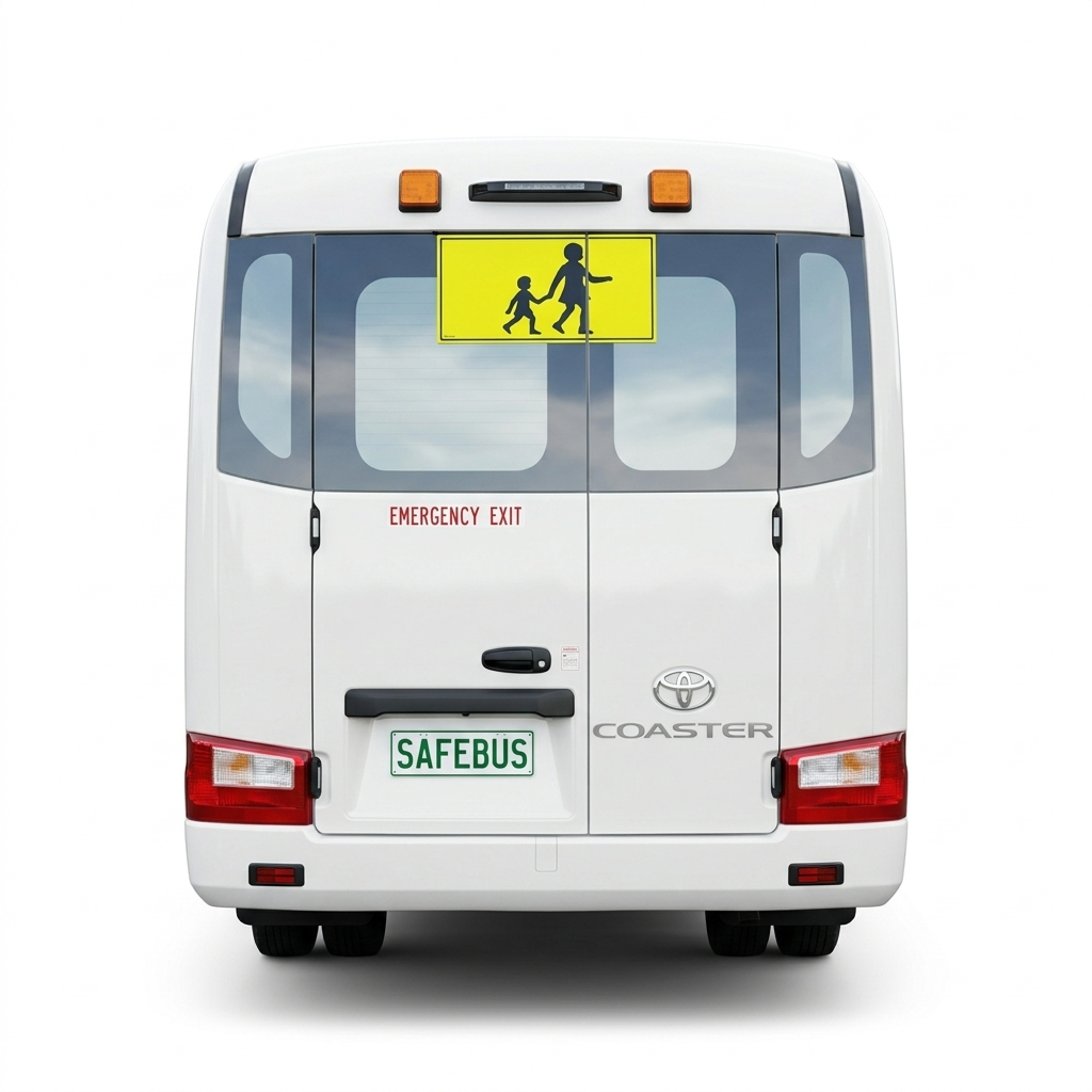 Photo of the rear of a 2026 4th generation Toyota Coaster bus with Safebus SB001A surface mount school bus lights and signage installed