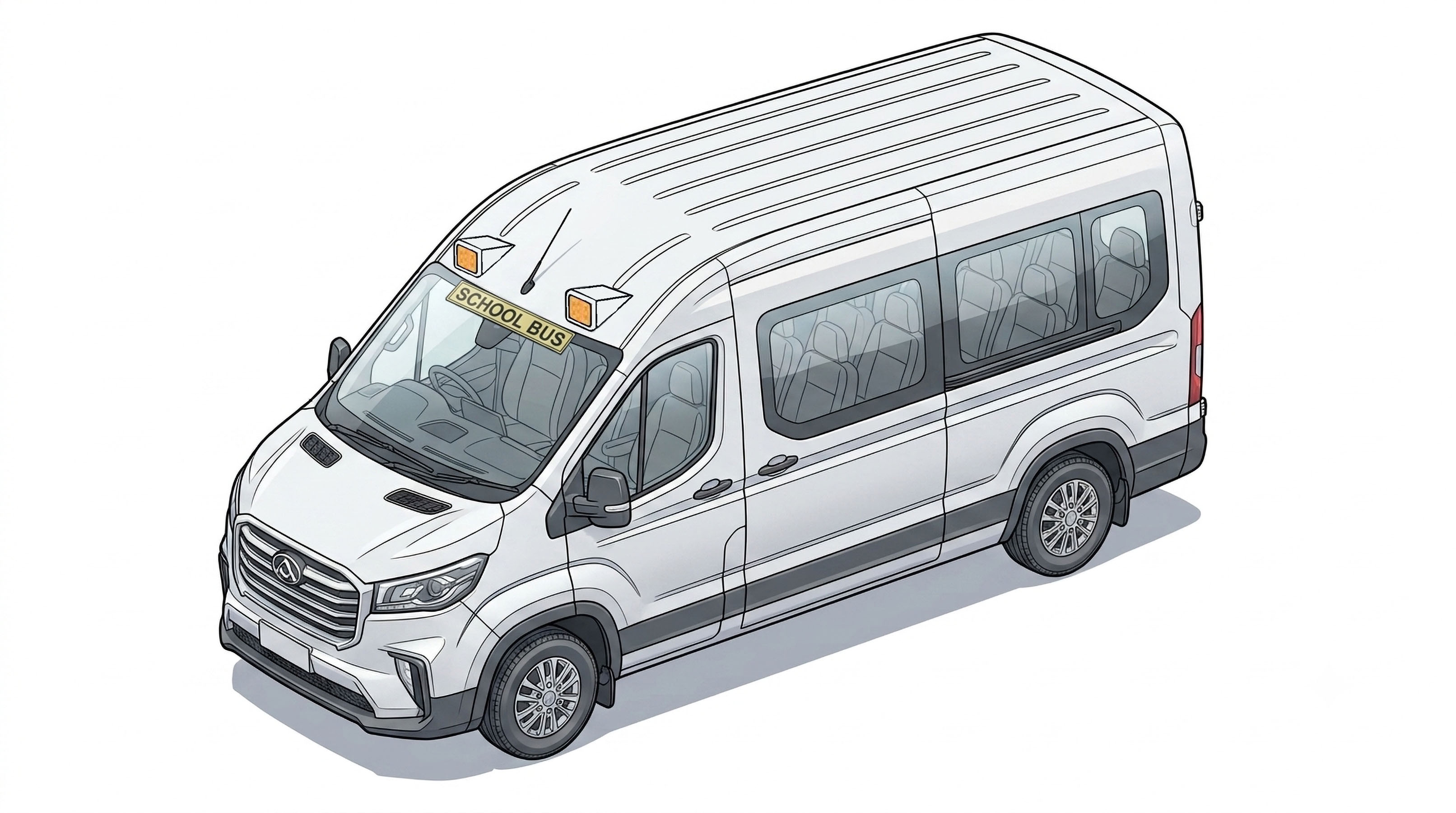 LDV Deliver 9 isometric showing warning light and wiring layout, front and rear, external mount