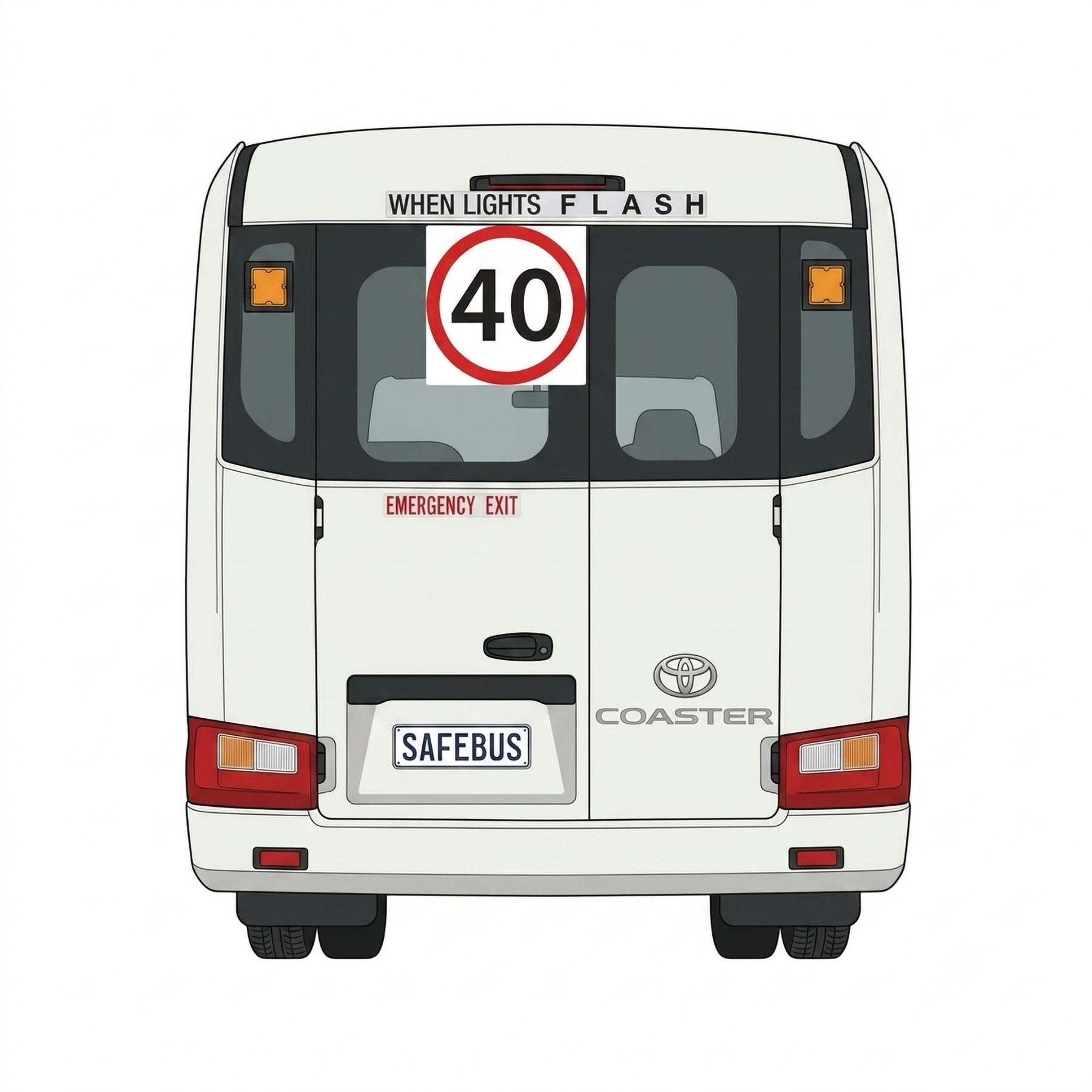 Image of the rear of a 2026 4th generation B80 Toyota Coaster bus with Safebus SB001B window mount New South Wales TS150 school bus lights and and Small When Lights Flash signage installed