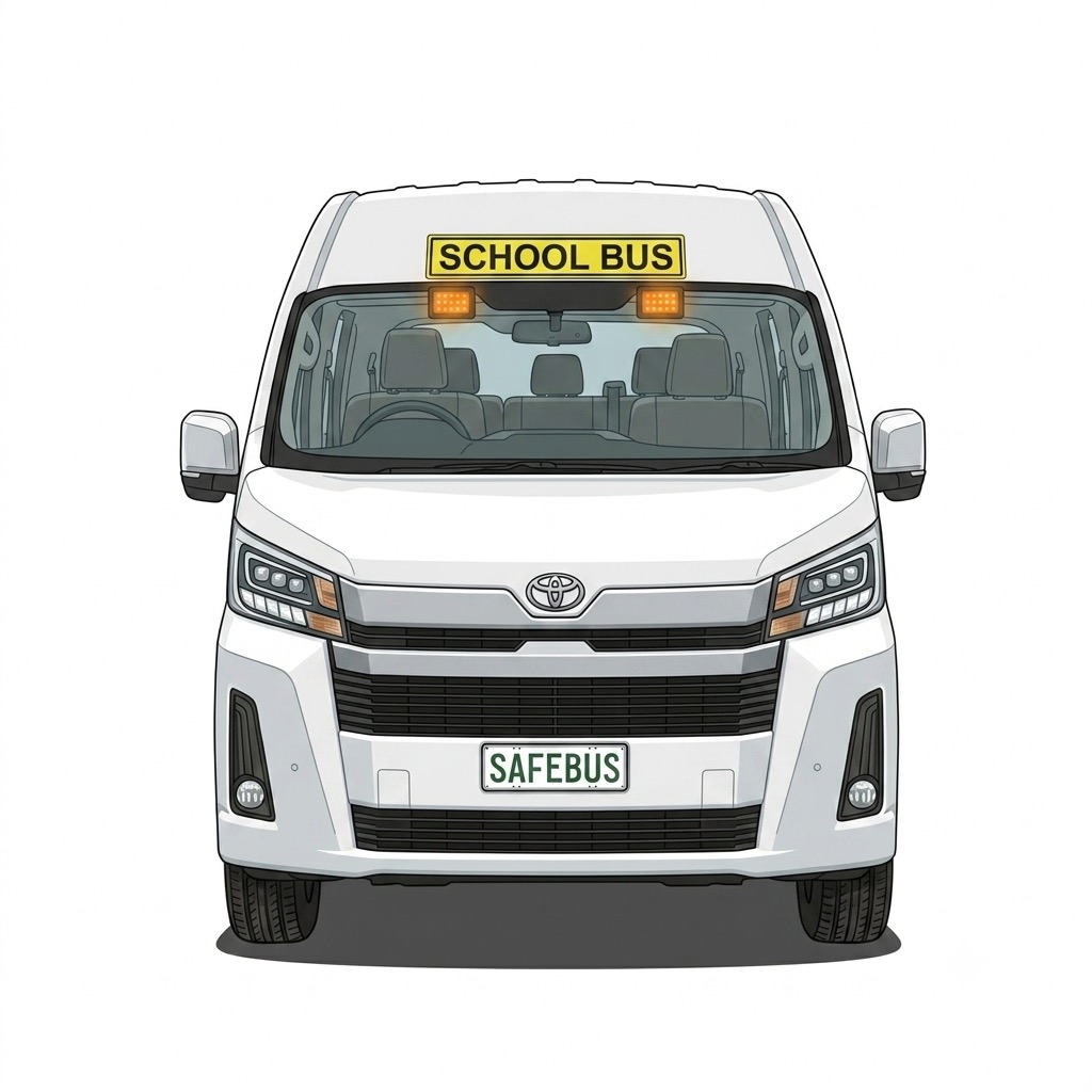 Image of the front of a 2026 6th generation Toyota HiAce Commuter bus with Safebus SB001B interior mount Victorian school bus lights and signage installed