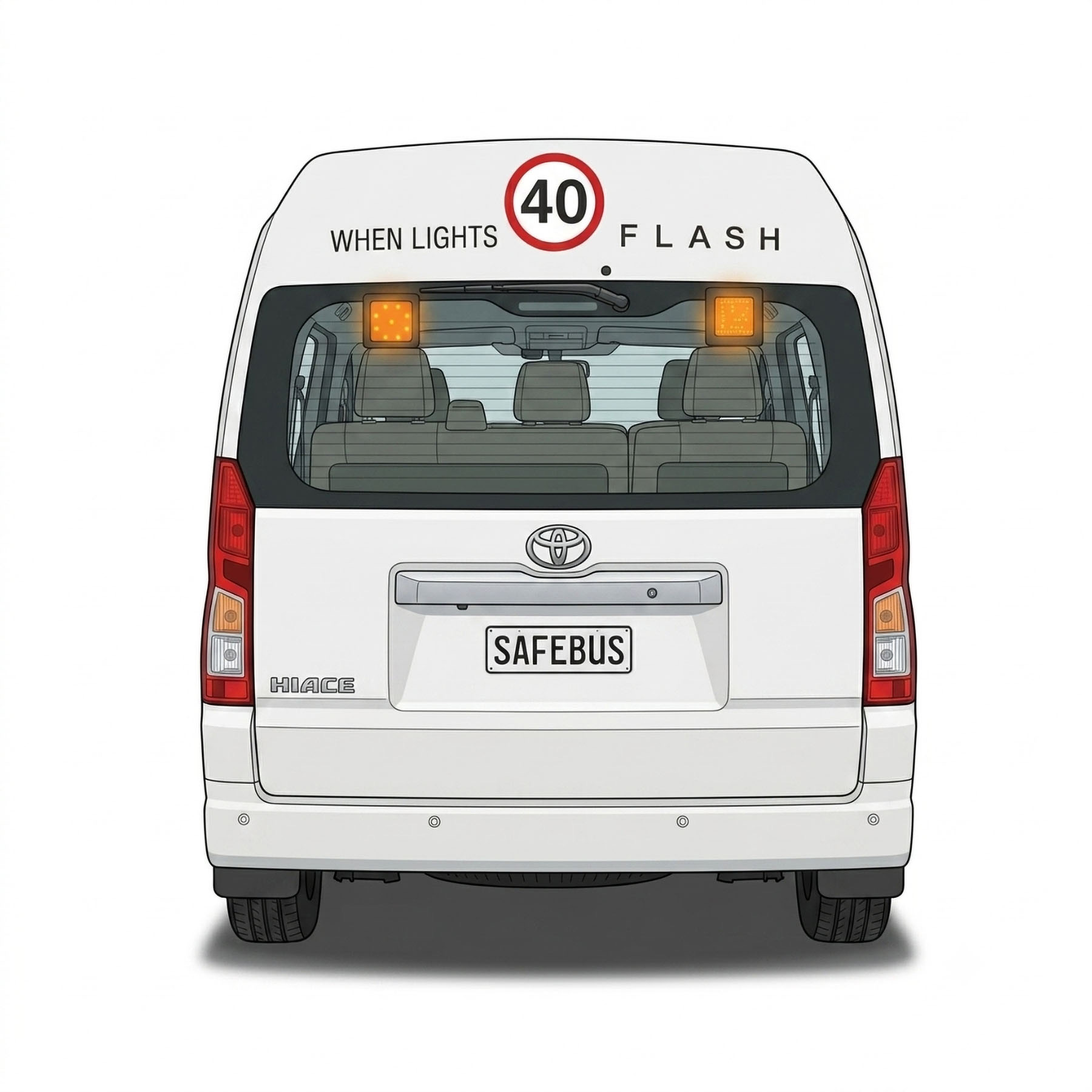 Image of the rear of a 2026 6th generation Toyota HiAce Commuter bus with Safebus SB001B window mount school bus lights, Small School Bus 40Km/h and Small When Lights Flash Signage installed