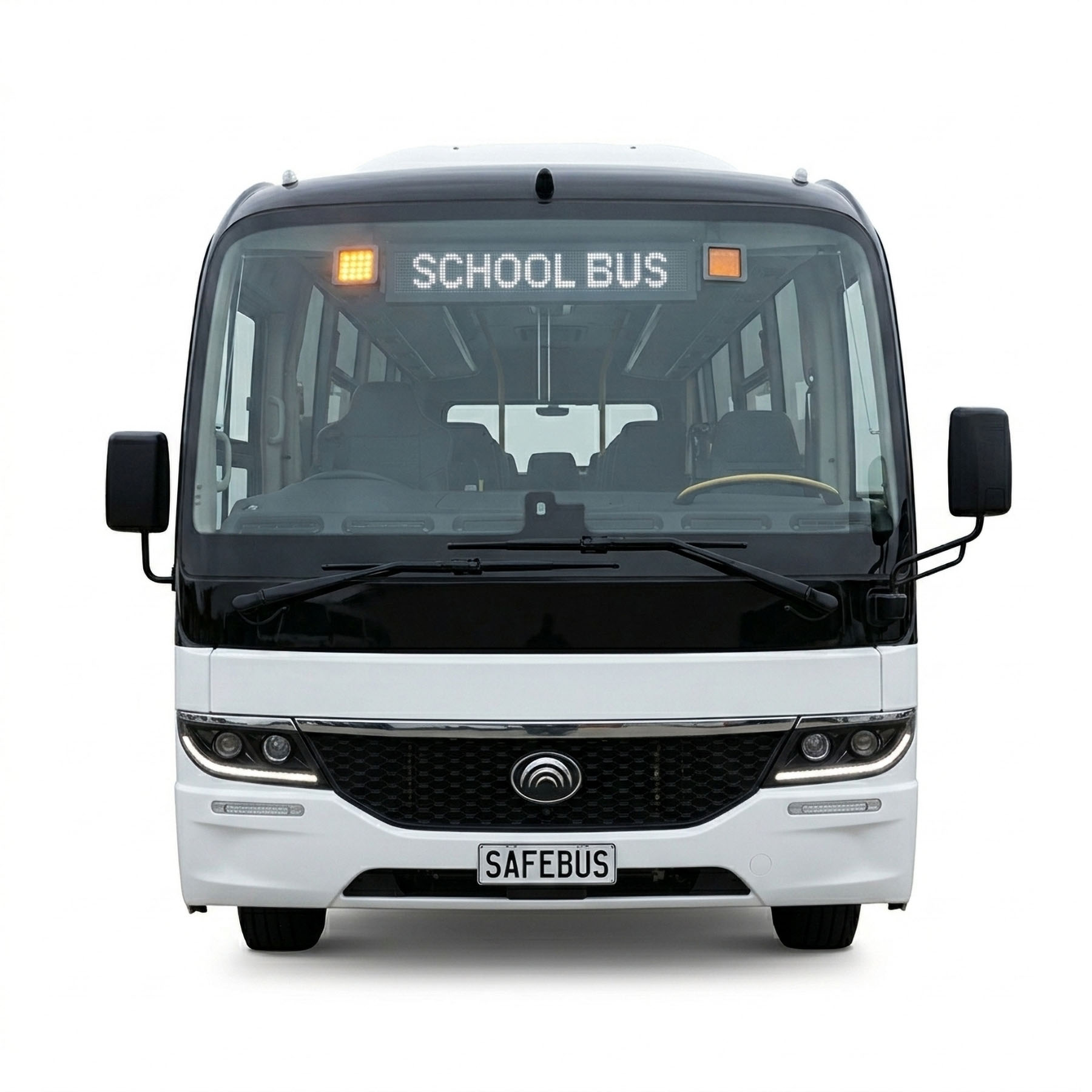 Image of the front of a 2026 Yutong D7 bus with Safebus SB001B window mount school bus lights