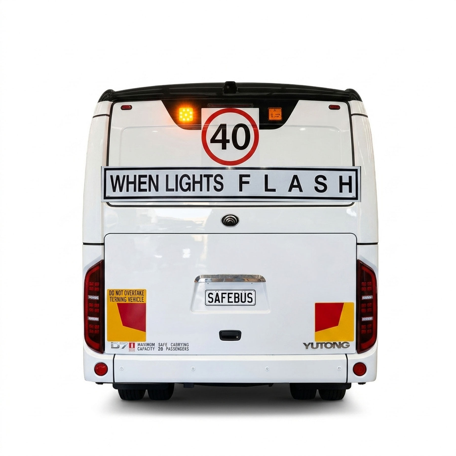 Image of the rear of a NSW TS150 Yutong D7 with SafeBus SB001A school bus lights & 40km and When Lights Flash signage