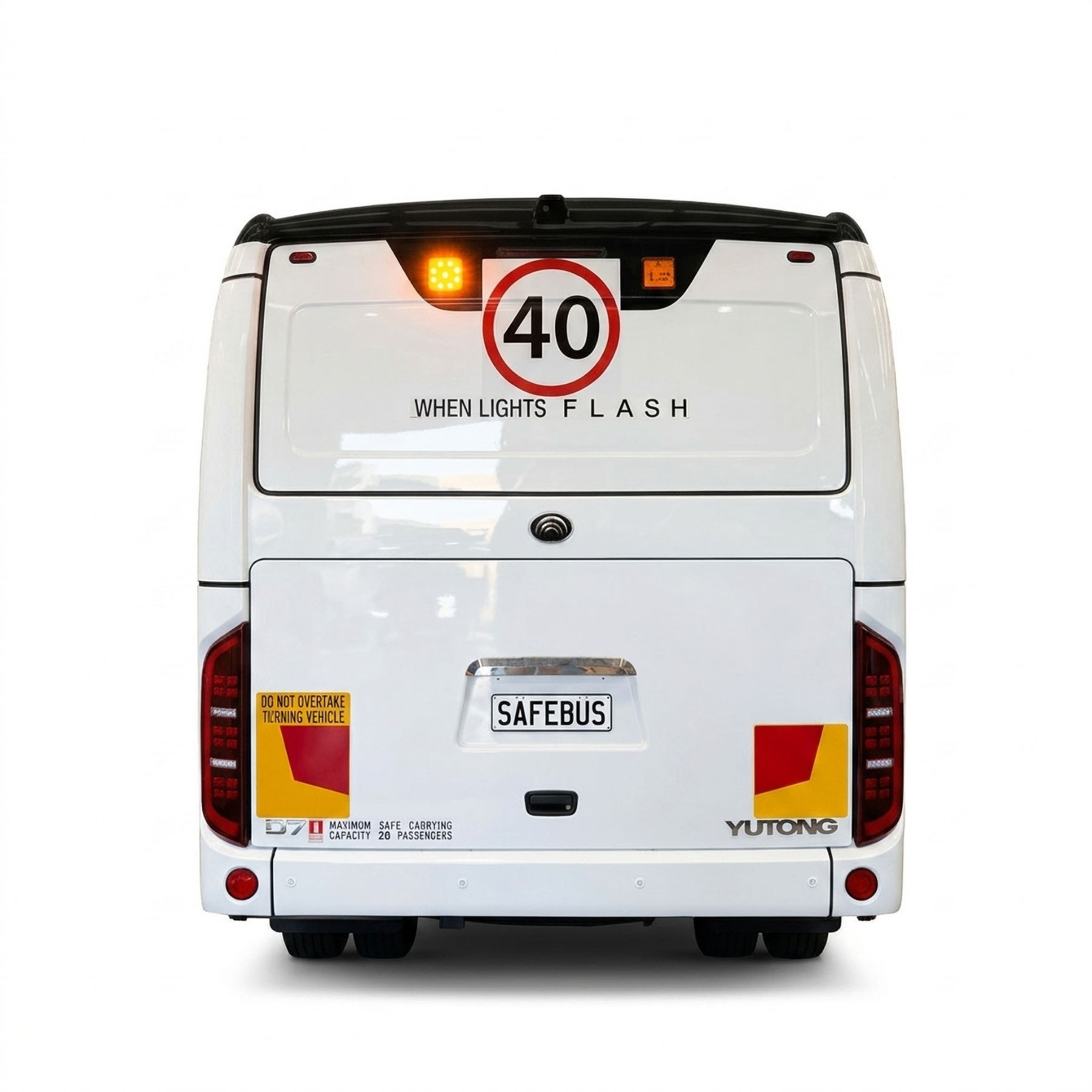 Image of the rear of a Tasmanian Yutong D7 with SafeBus SB001A school bus lights & 40km and When Lights Flash signage