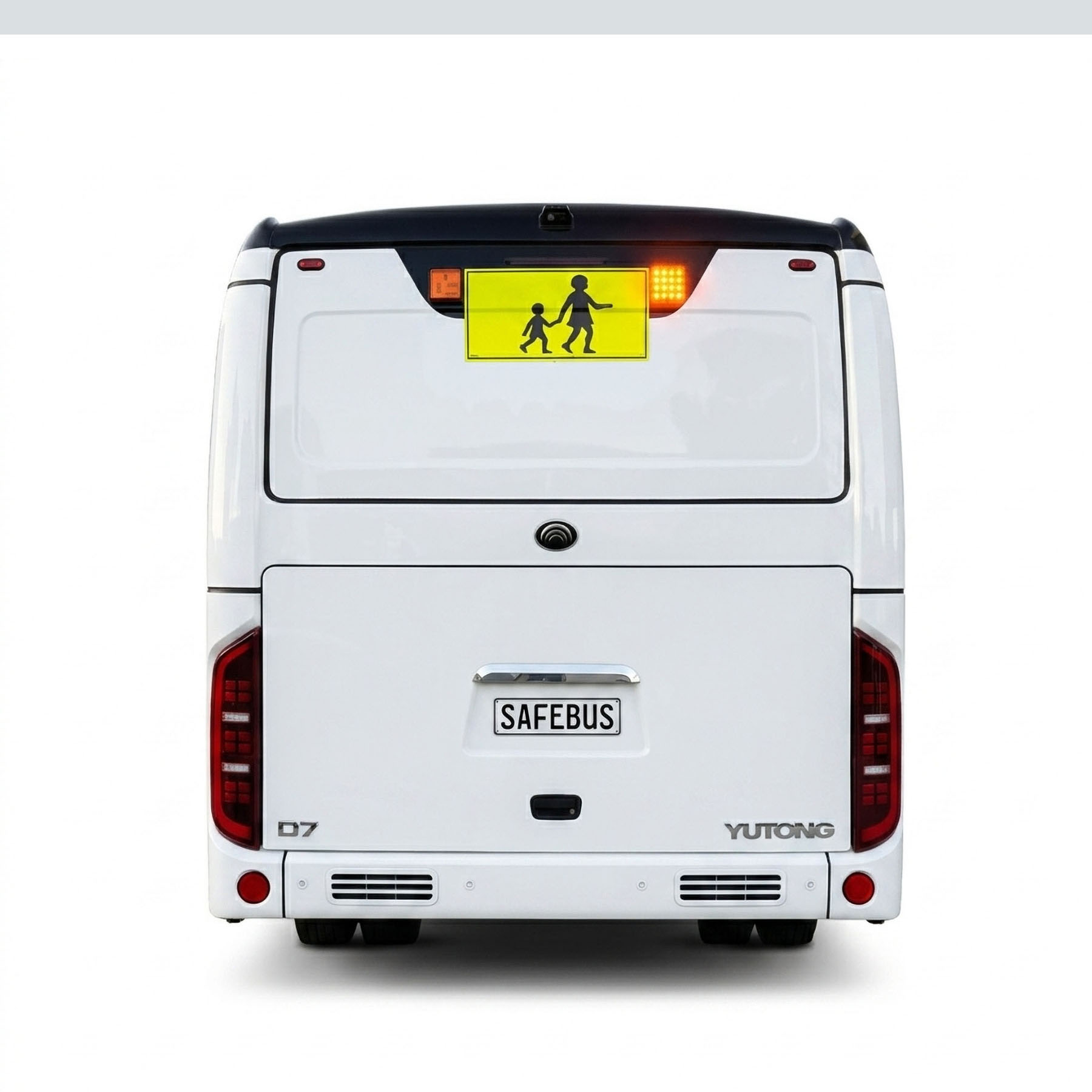 Image of the rear of a Yutong D7 with SafeBus SB001A school bus lights & MC3060 mother & child signage