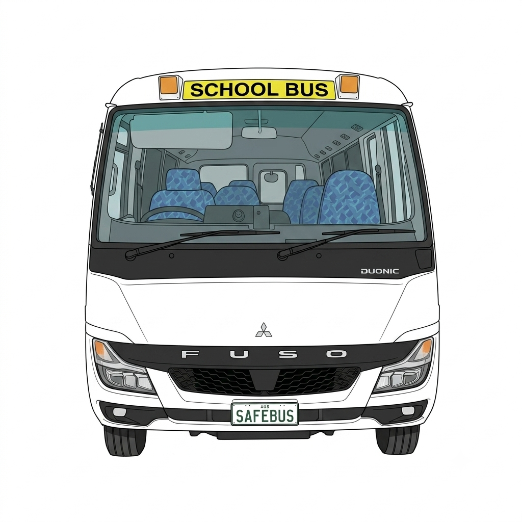 Image of the front of a SafeBus school bus light kit installation — Mitsubishi Rosa (2019+)