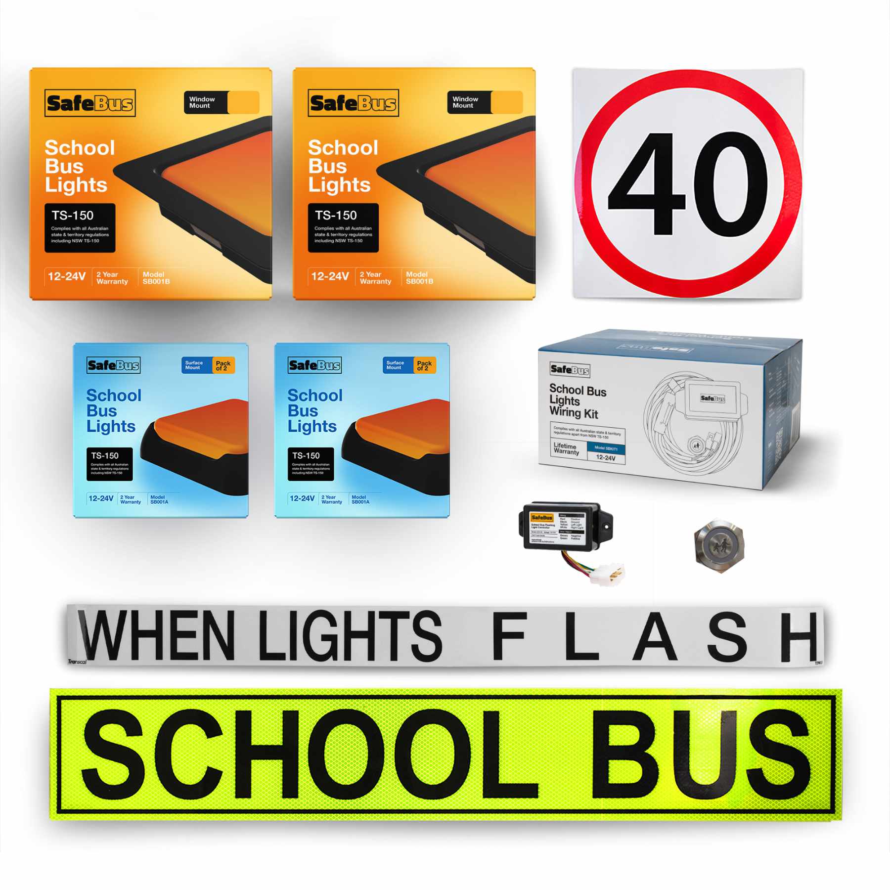 Image of the contents of the Tasmanian School Bus Light Kit mixed mount for school buses, including school bus signage, front surface mount amber school bus lights, rear surface mount school bus lights, flasher unit, switch and wiring loom.