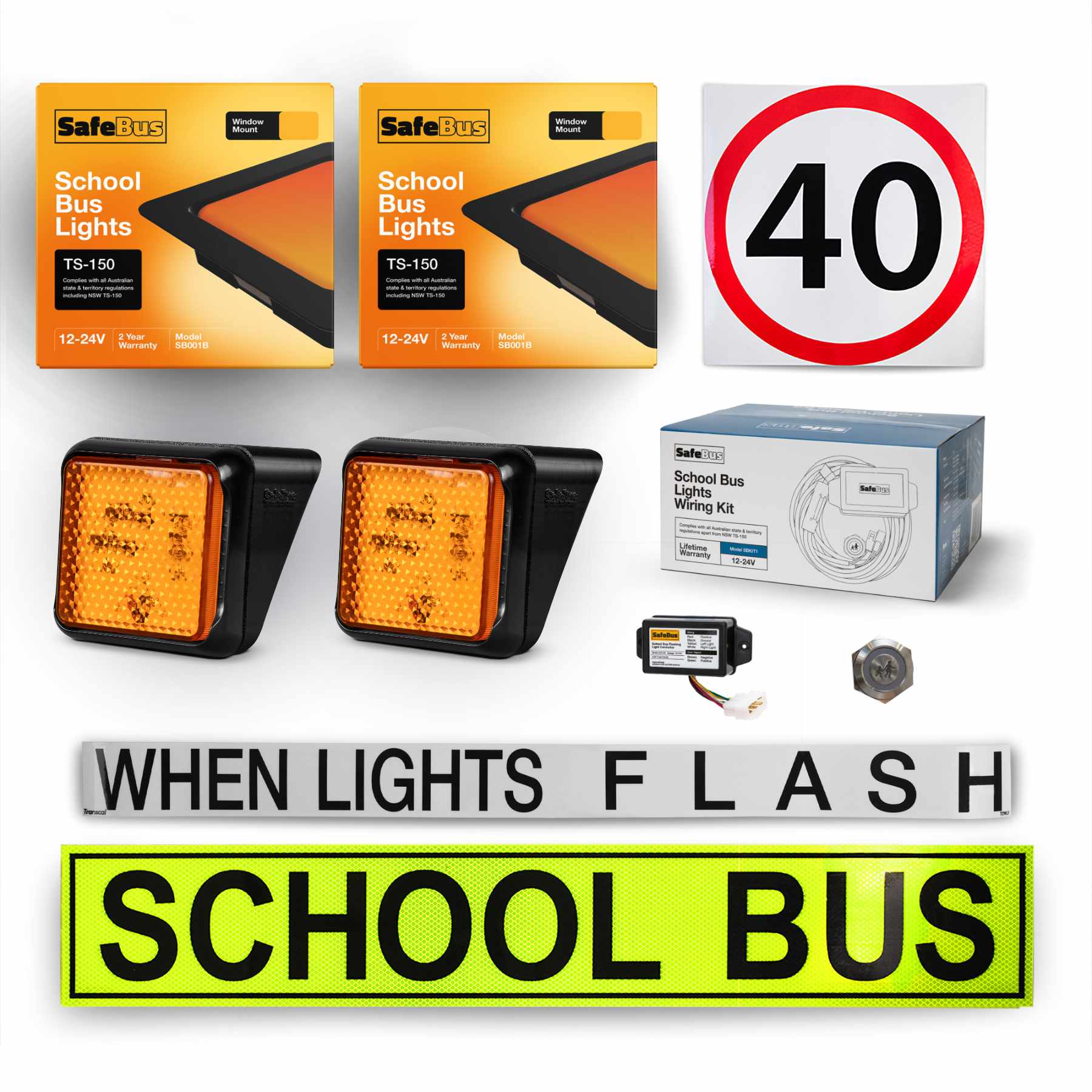 Image of the contents of the Tasmanian School Bus Light Kit mixed mount for school buses, including school bus signage, front surface mount amber school bus lights, rear window mount school bus lights, flasher unit, switch and wiring loom.