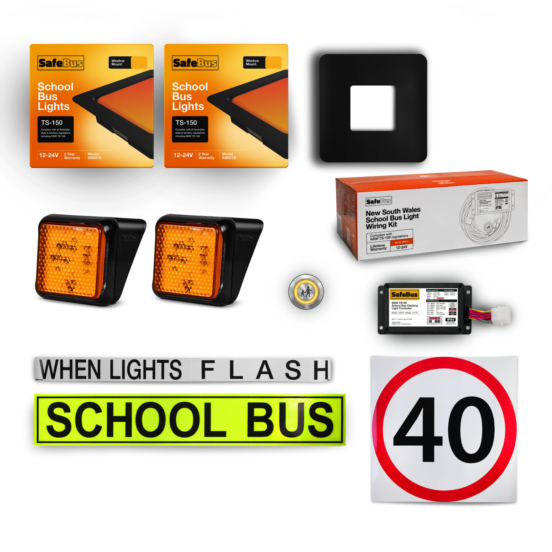 Image of the contents of the NSW TS-150 School Bus Light Kit mixed mount for Toyota HiAce Commuter school buses, including SB9015 school bus signage, SB004 front mount amber school bus lights, SB001B rear window mount school bus lights, LCM200 flasher unit, switch and wiring loom.