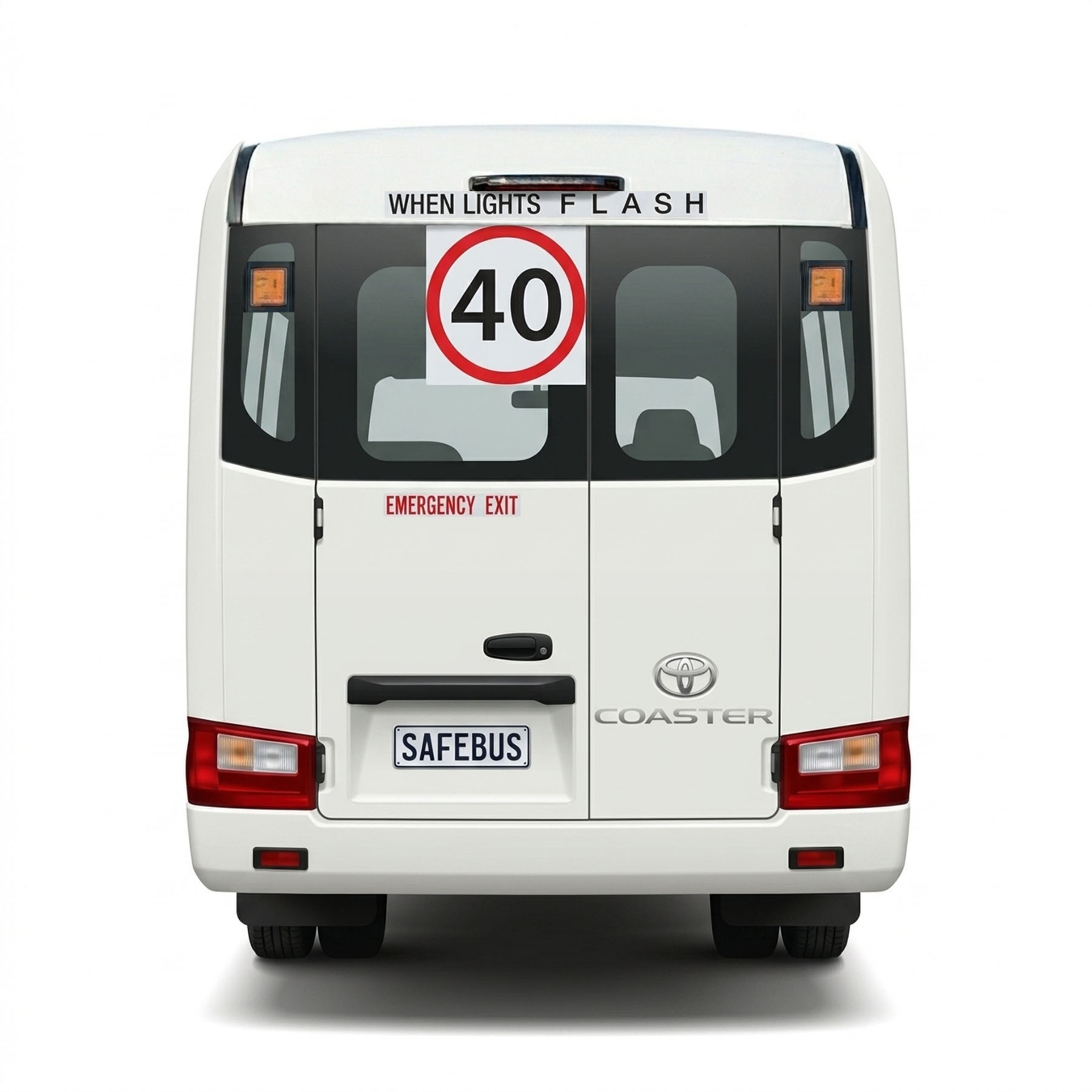 Image of the rear of a 2026 4th generation B80 Toyota Coaster bus with Safebus SB001A window mount Tasmanian school bus lights and and Small When Lights Flash signage installed