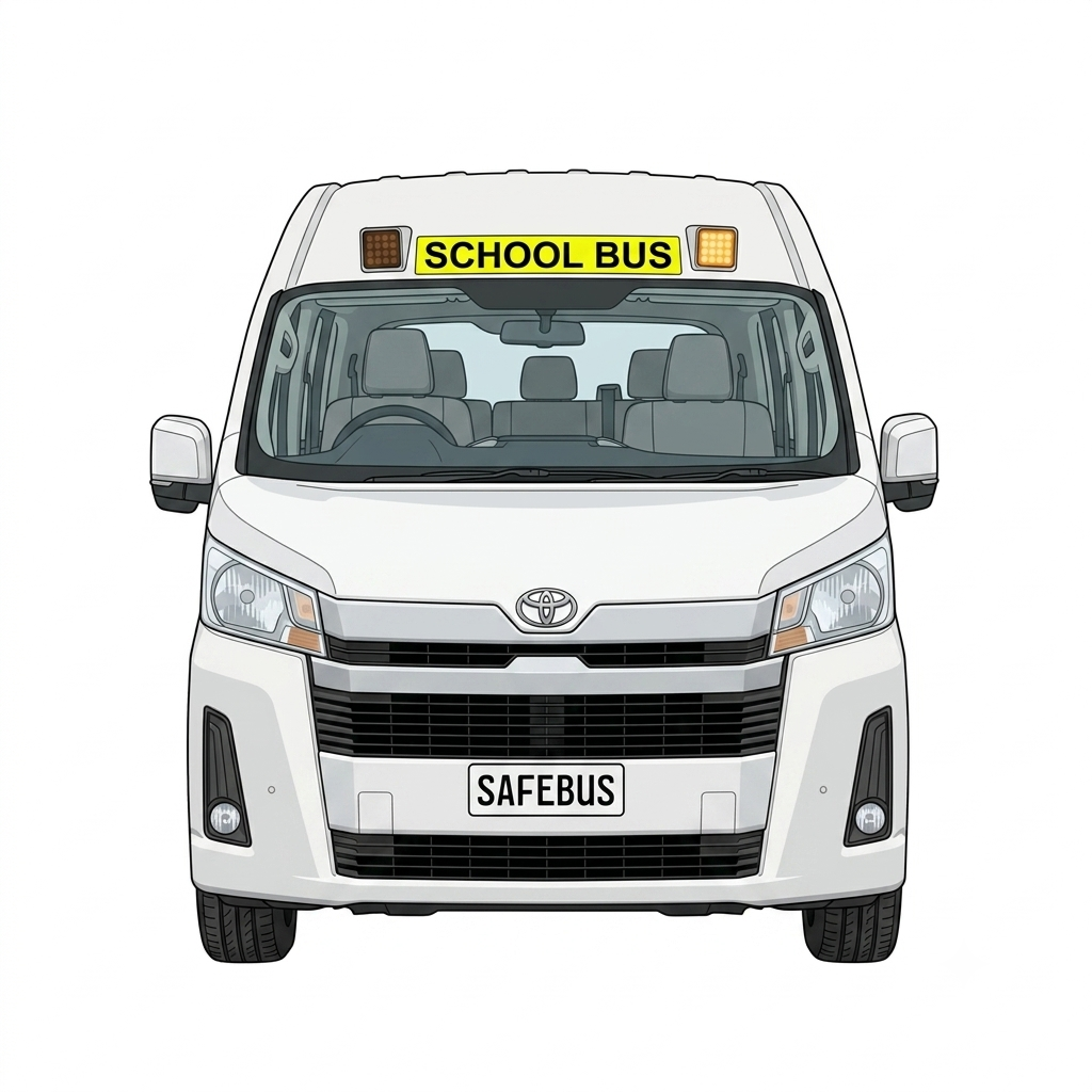 Image of the front of a 2026 6th generation Toyota HiAce Commuter bus with Safebus SB001A interior mount Victorian school bus lights and signage installed