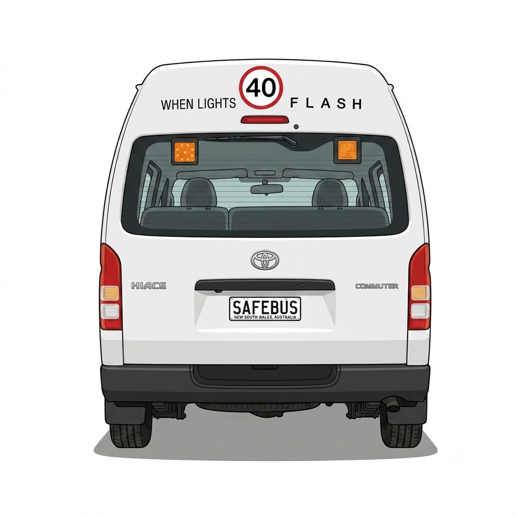 Image of the rear of a 2016 5th generation Toyota HiAce Commuter bus with Safebus SB001B window mount school bus lights, Small School Bus 40Km/h and Small When Lights Flash Signage installed