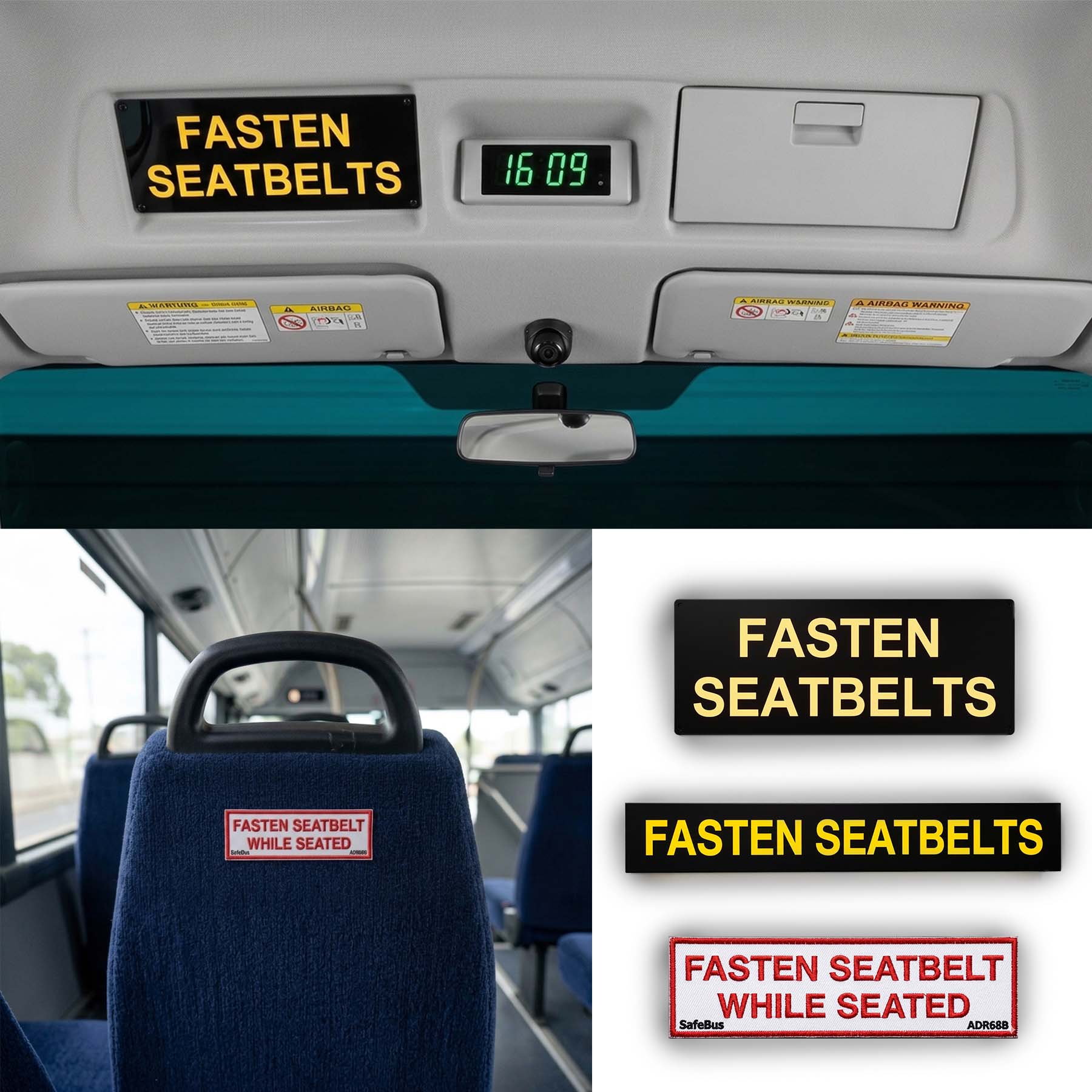 ADR 68/01 Safe Ride System – illuminated Fasten Seatbelts sign, Fasten Seatbelts strip sign and Fasten seatbelt while seated seat-back label