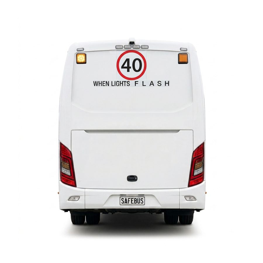 Image of the rear of a TAS Coach school bus with Safebus SB001A surface mount school bus lights