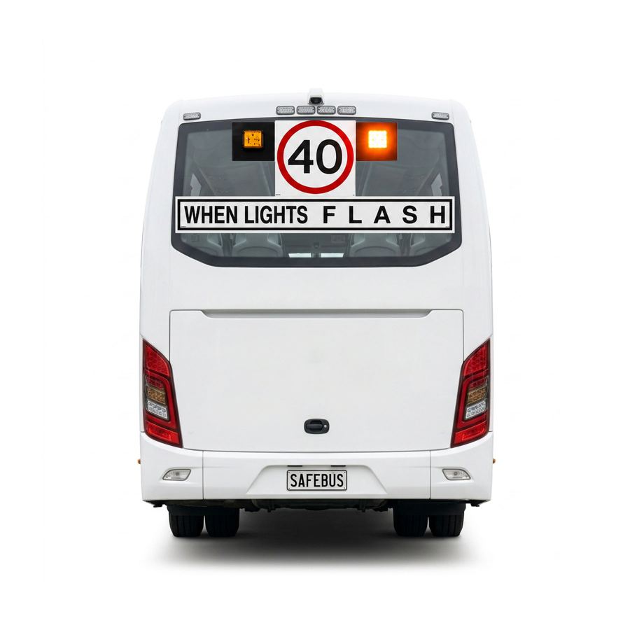 Image of the rear of a NSW Coach school bus with Safebus SB001B window mount school bus lights