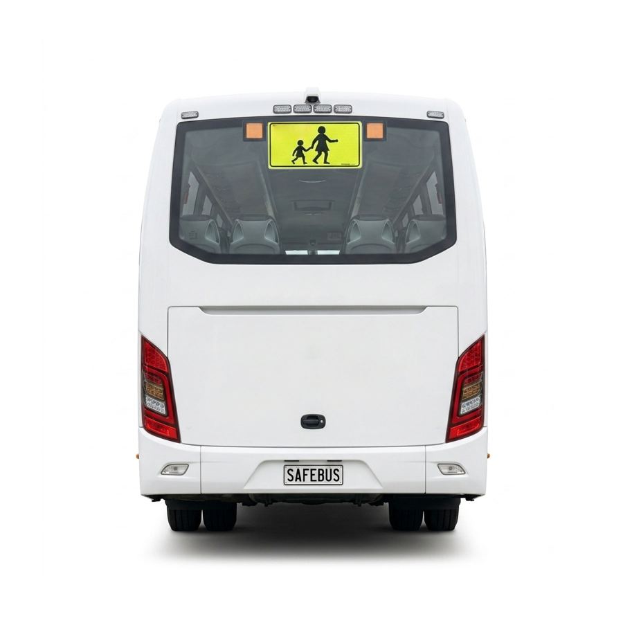 Image of the rear of a Coach school bus with Safebus SB001B window mount school bus lights