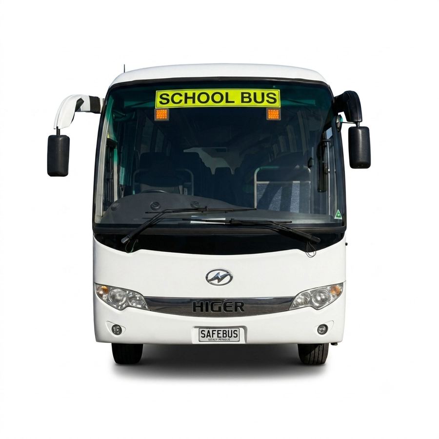 Image of the front of a Higer school bus with Safebus SB001B window mount school bus lights