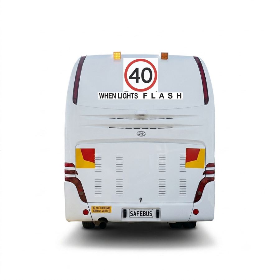 Image of the rear of a TAS Higer school bus with Safebus SB001A surface mount school bus lights
