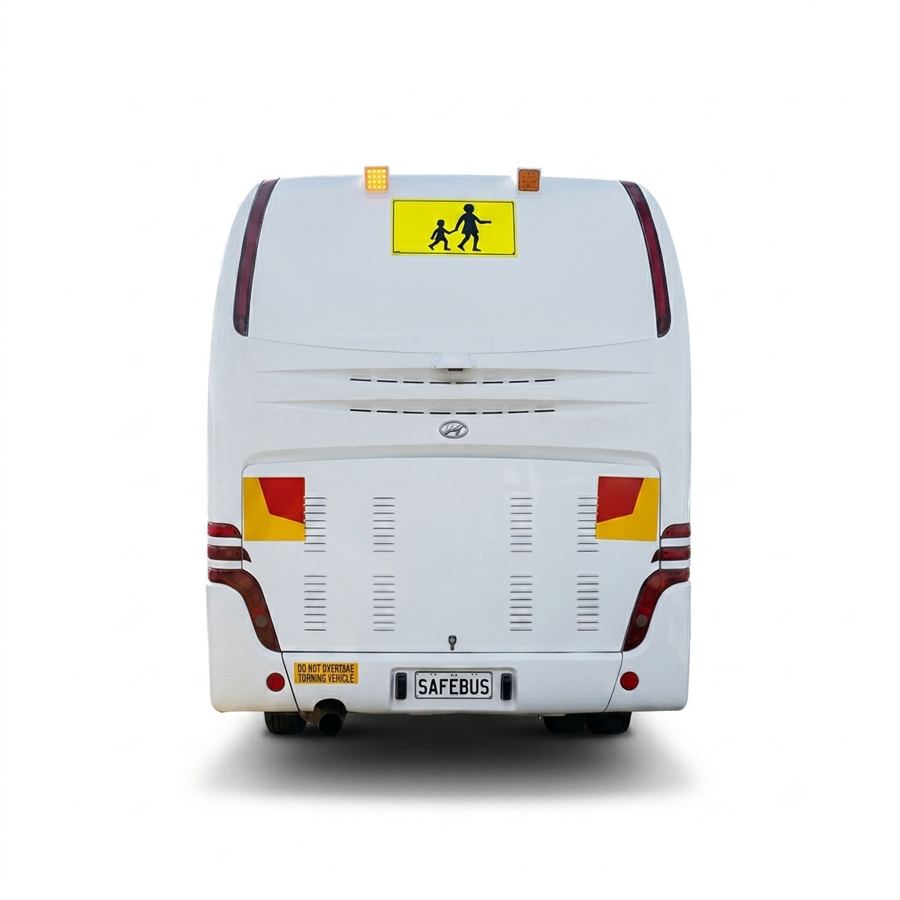 Image of the rear of a Higer school bus with Safebus SB001A surface mount school bus lights