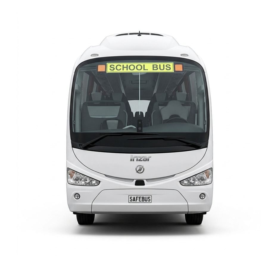 Image of the front of a TAS Irizar school bus with Safebus SB001B window mount school bus lights