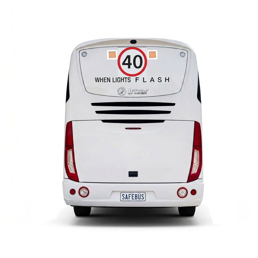 Image of the rear of a TAS Irizar school bus with Safebus SB001A surface mount school bus lights