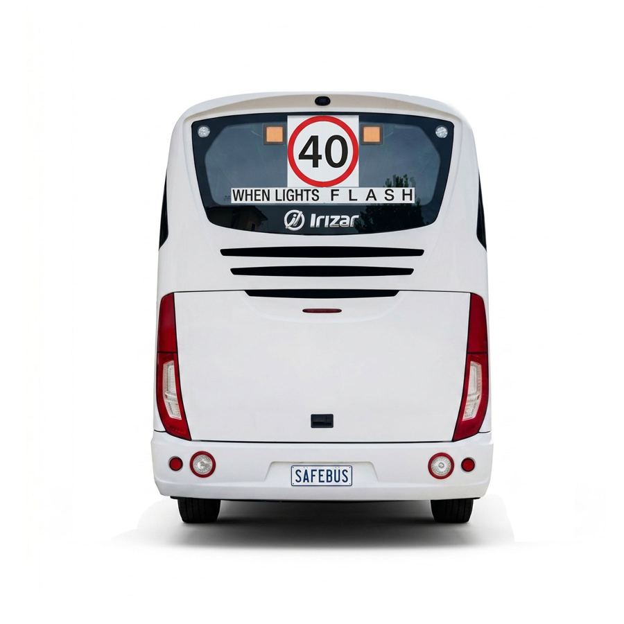 Image of the rear of a TAS Irizar school bus with Safebus SB001B window mount school bus lights