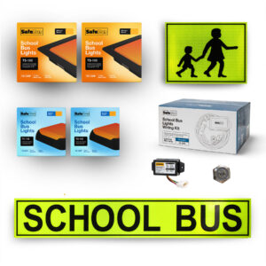 Image of the contents of the Victorian & Queensland school bus light SBKIT exterior mount kit for Toyota HiAce Commuter buses, including school bus signage, SB001B front amber school bus lights, SB001A rear surface mount school bus lights, LCM100 flasher unit, switch and wiring loom