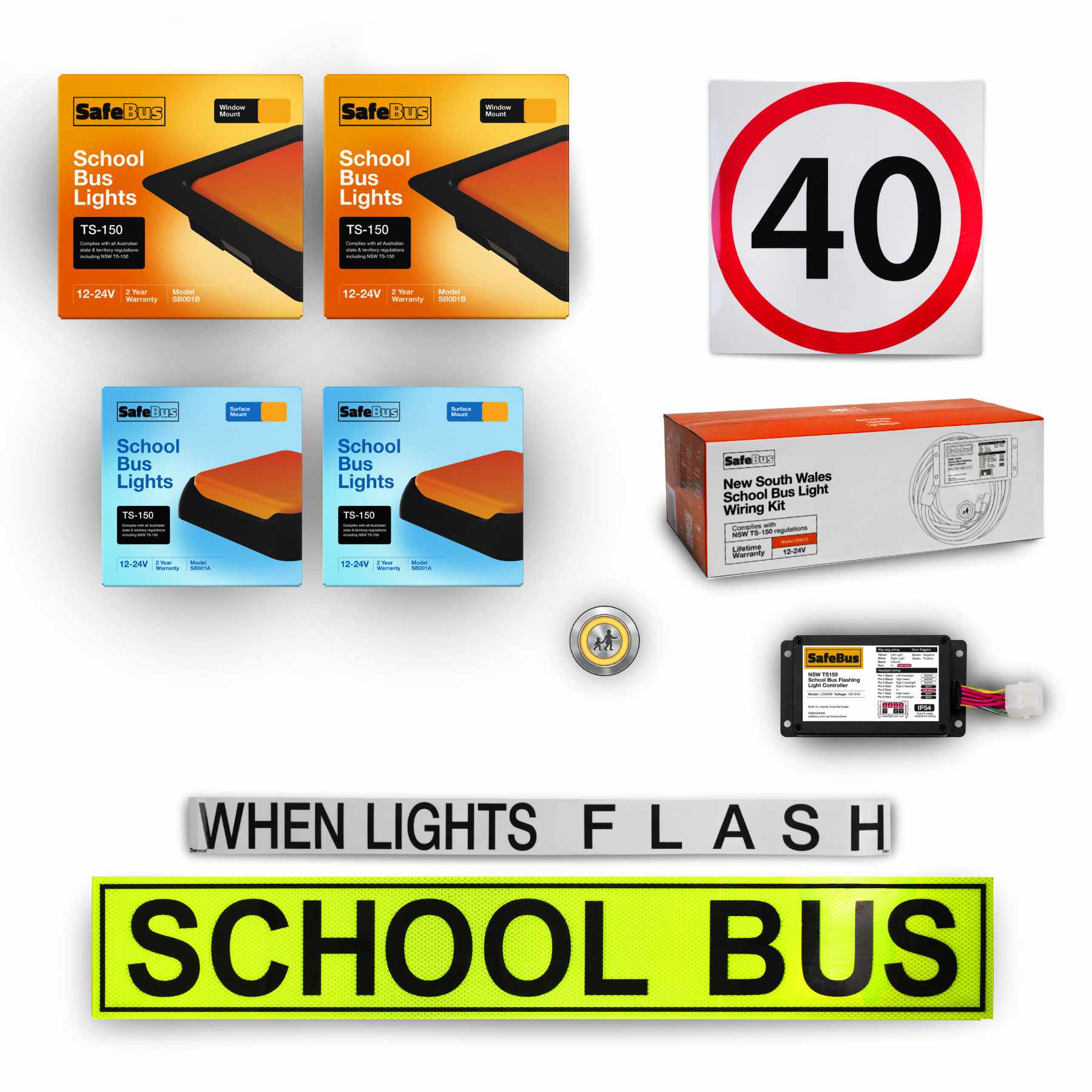 Image of the contents of the Tasmanian School Bus Light Kit hybrid mount for school buses, including school bus signage, SB001B front window mount amber school bus lights, SB001A rear surface mount school bus lights, LCM200 flasher unit, switch and wiring loom.