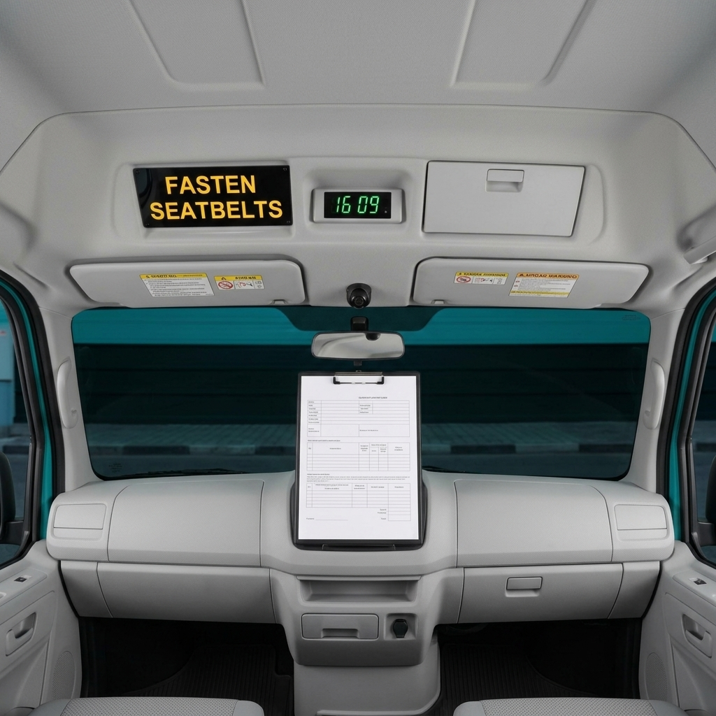 Bus front bulkhead with illuminated Fasten Seatbelts sign – ADR 68/01 clause 5.8.2