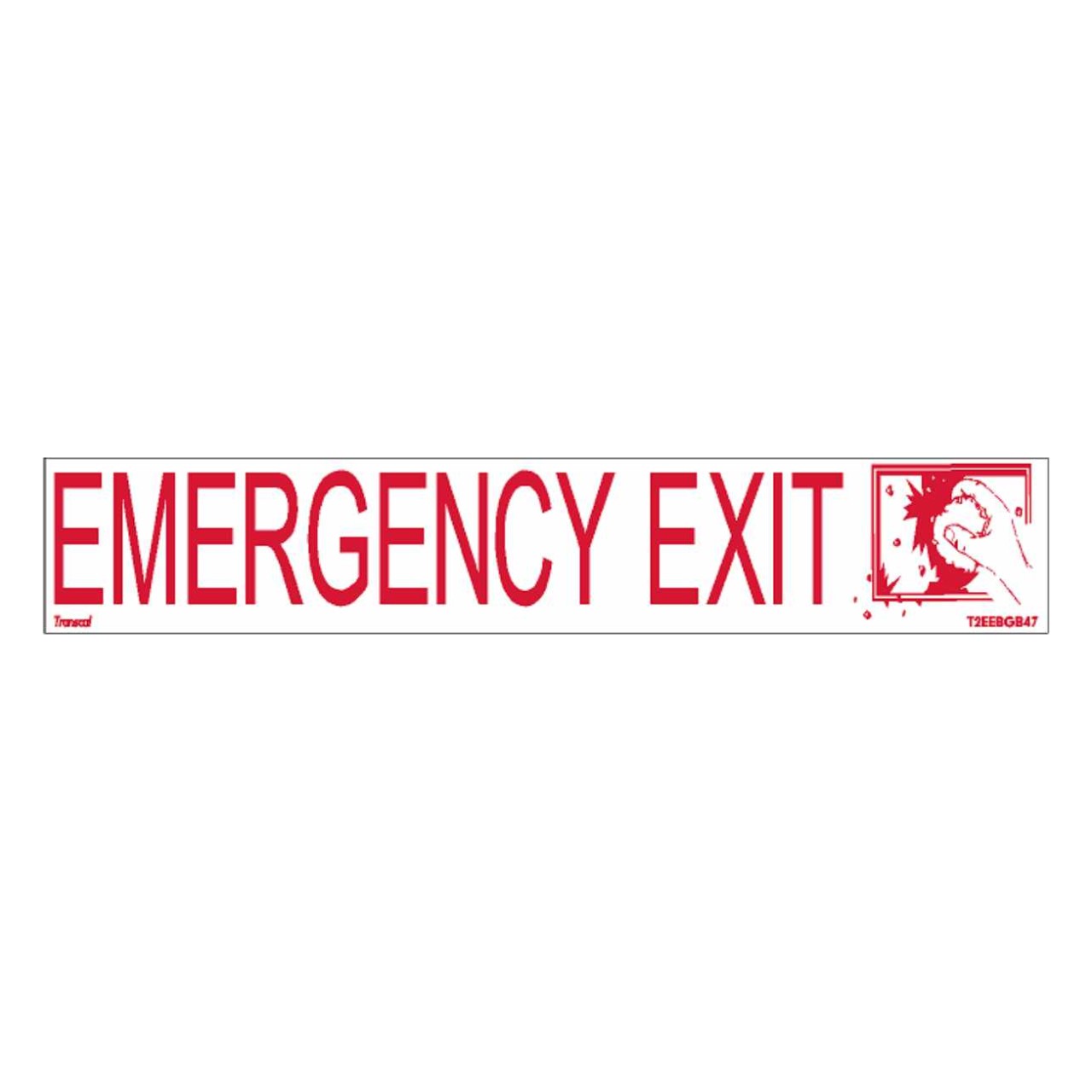 Emergency Exit sticker with break glass symbol 400mm x 70mm, red on white Class 2 reflective vinyl