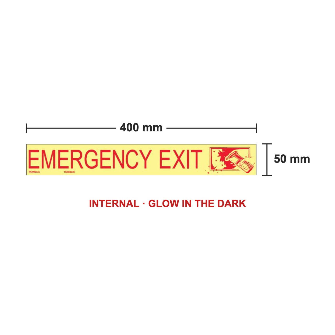 Size diagram: Emergency Exit sticker with break glass symbol 400mm x 50mm measures 400mm wide x 50mm high