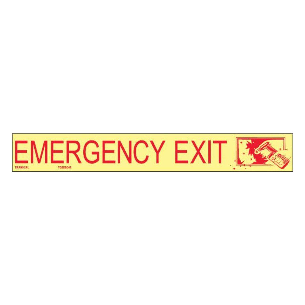 Emergency Exit sticker with break glass symbol 400mm x 50mm, red on glow in the dark vinyl