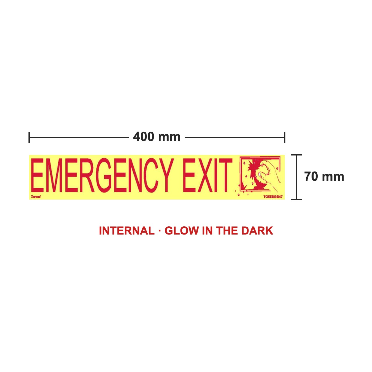 Size diagram: Emergency Exit sticker with break glass symbol 400mm x 70mm measures 400mm wide x 70mm high
